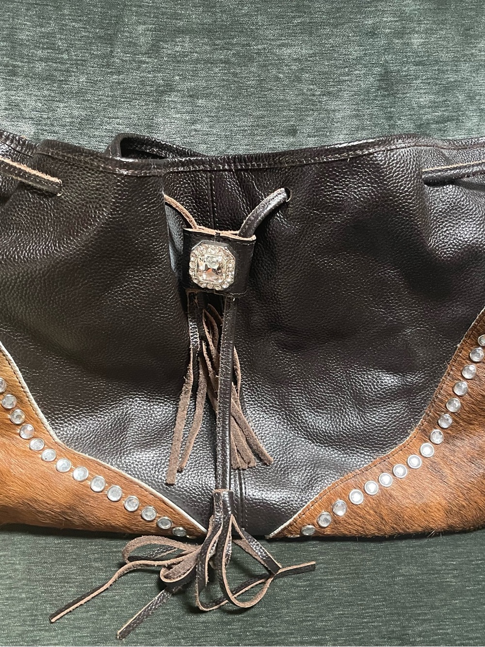 Leather and hair on hide tan and dark brown leather shoulder bag